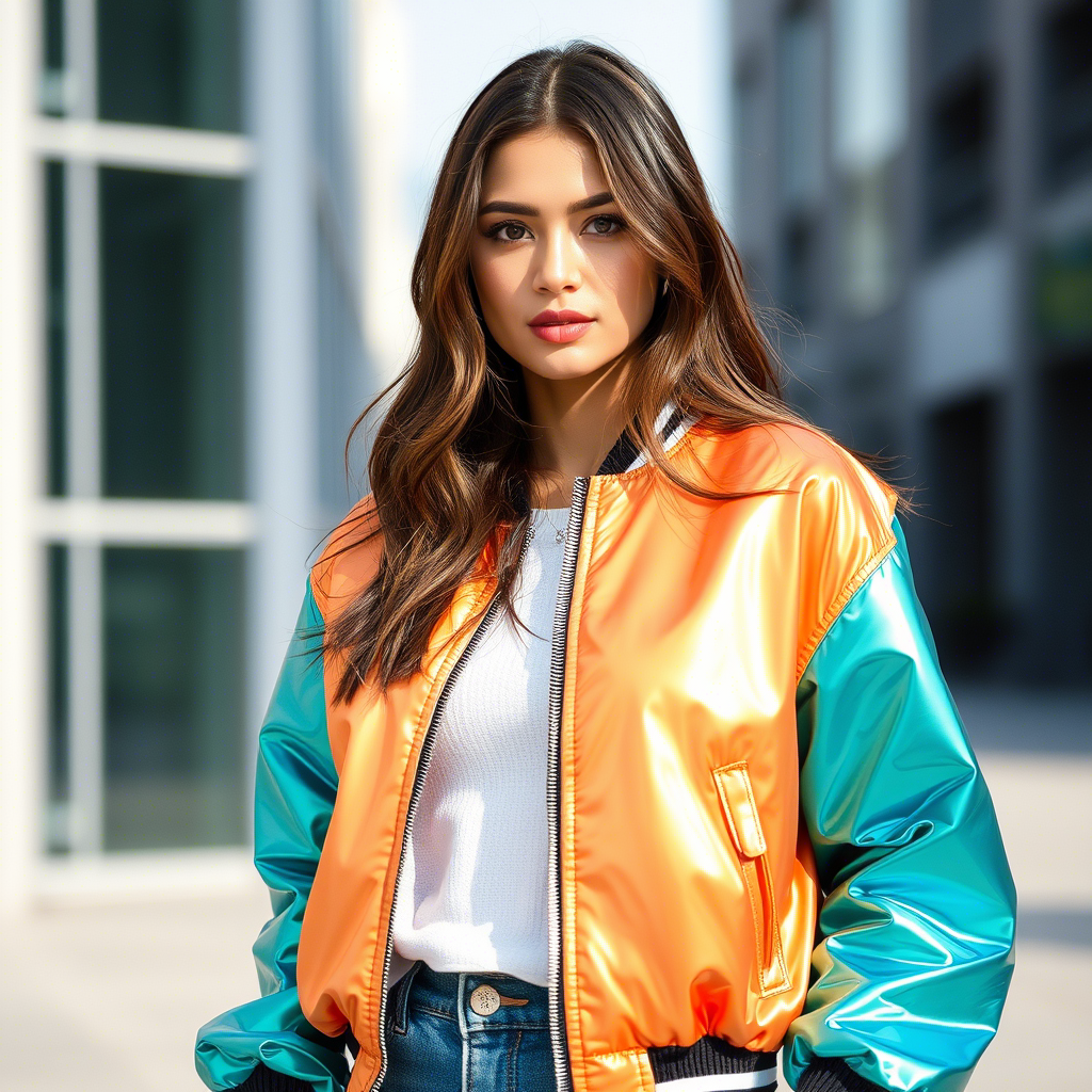 Female fashion influencer wearing shiny bomber jacket outdoors