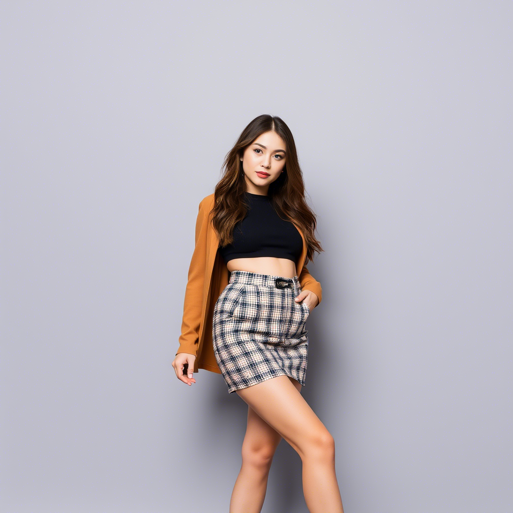 Female model showcasing a trendy mini skirt outfit