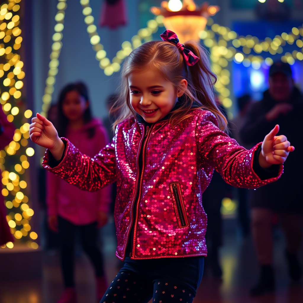 Festive girl in sparkly sequin jacket dancing