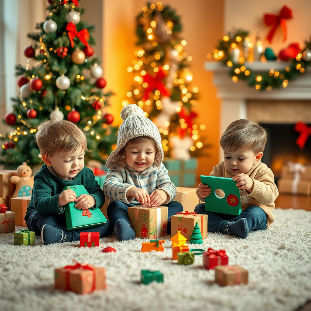Festive holiday scene with kids playing with new toys