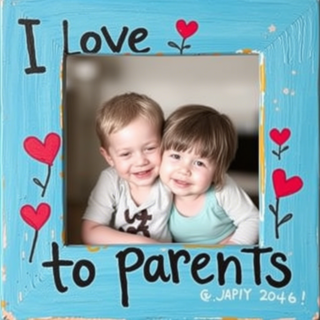 Finger-painted photo frame with “I love you” to parents