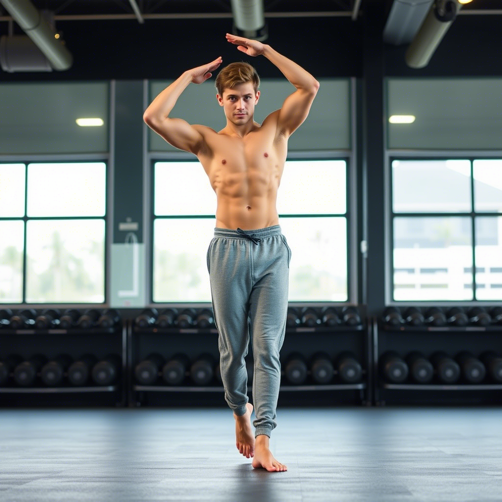 Fitness boy in gray sweatpants stretching before a workout