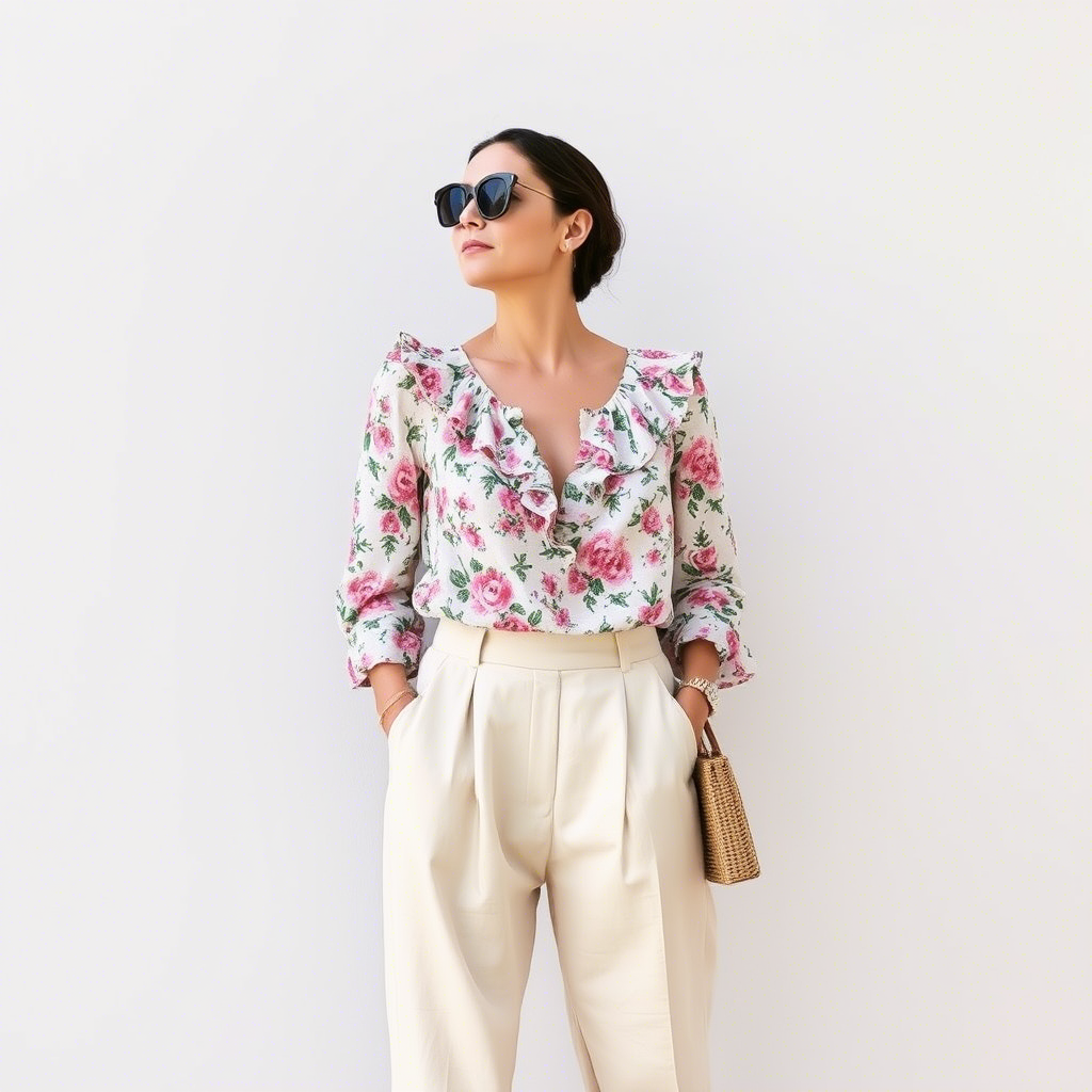 Floral blouse with ruffles paired with high-waisted linen pants