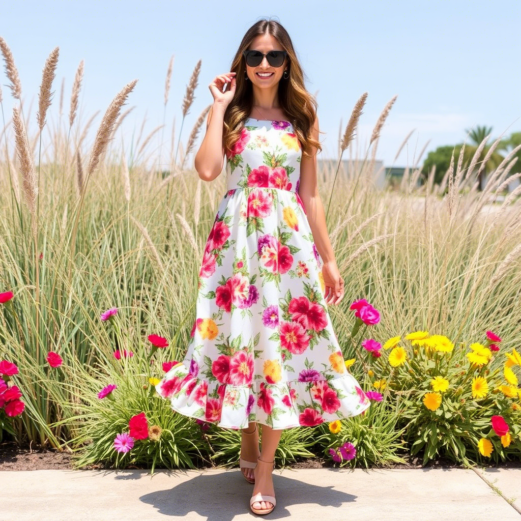 Floral print skater dress with ruffled hem and bright colors for summer