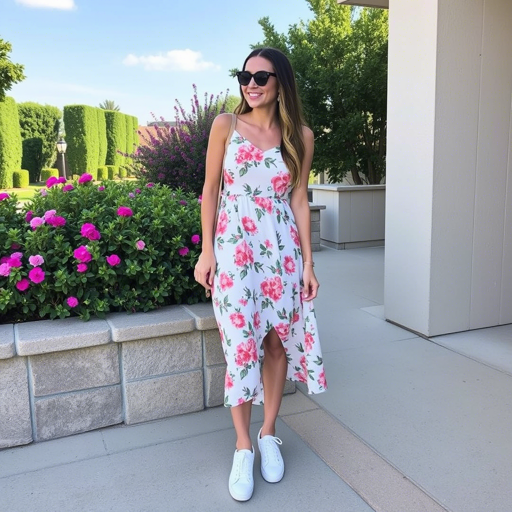 Floral sundress with white sneakers for a casual summer outing