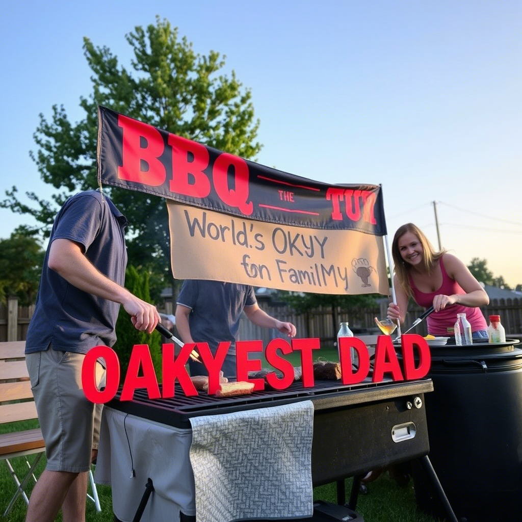 Fun BBQ with friends and family, “World’s Okayest Dad” banner