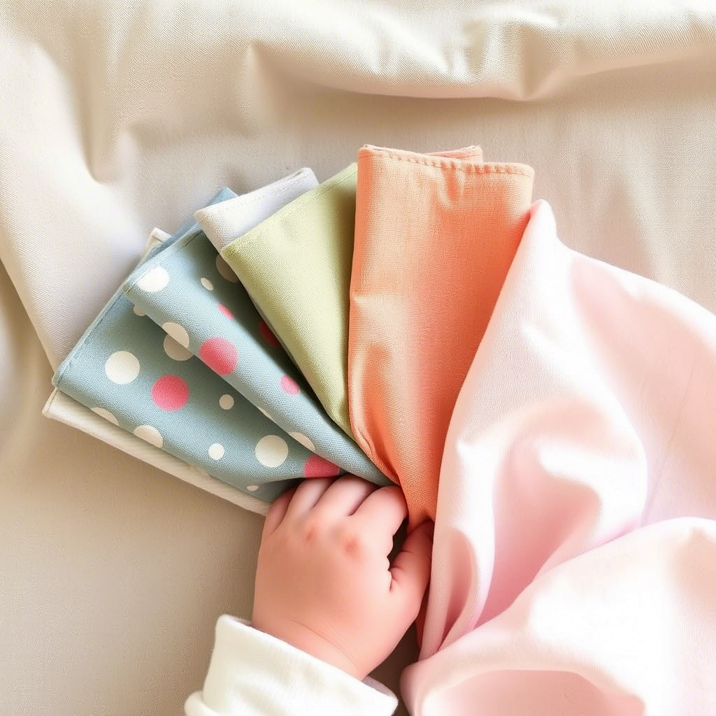 Gentle fabric swatches with baby’s hand holding them