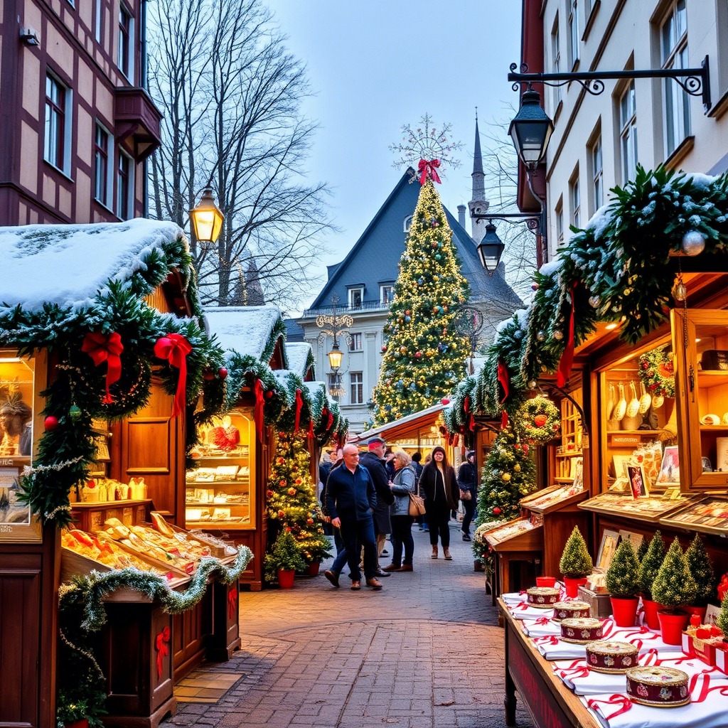 German Christmas market with festive stalls and ornaments