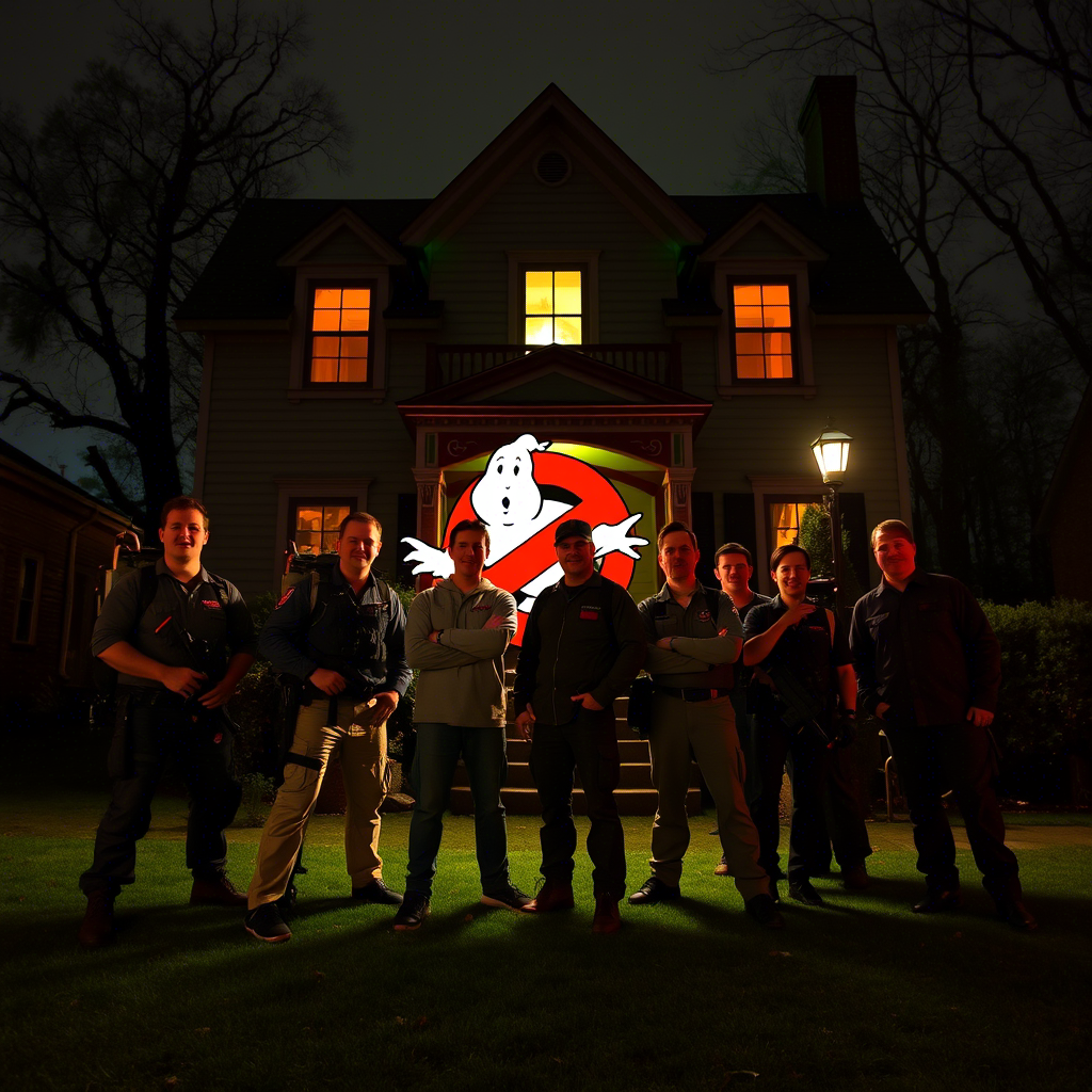 Ghostbusters crew standing in front of spooky haunted house