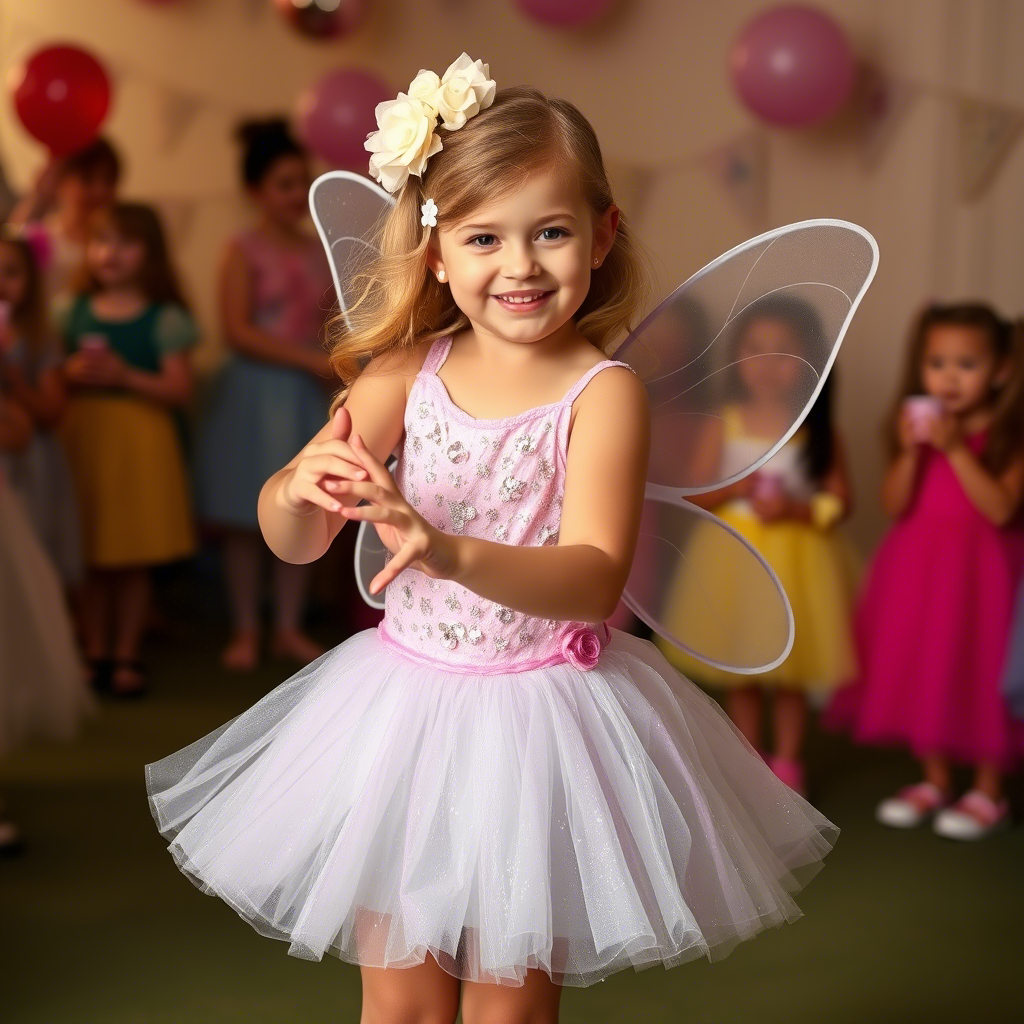 Girl in a sparkly fairy costume twirling at a children’s celebration