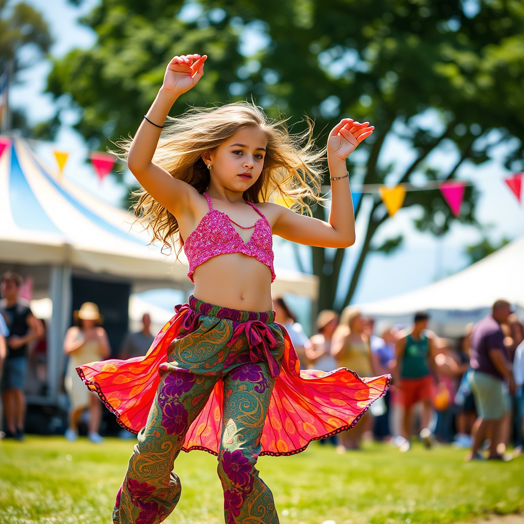 Girl in colorful pants dancing on a summer festival
