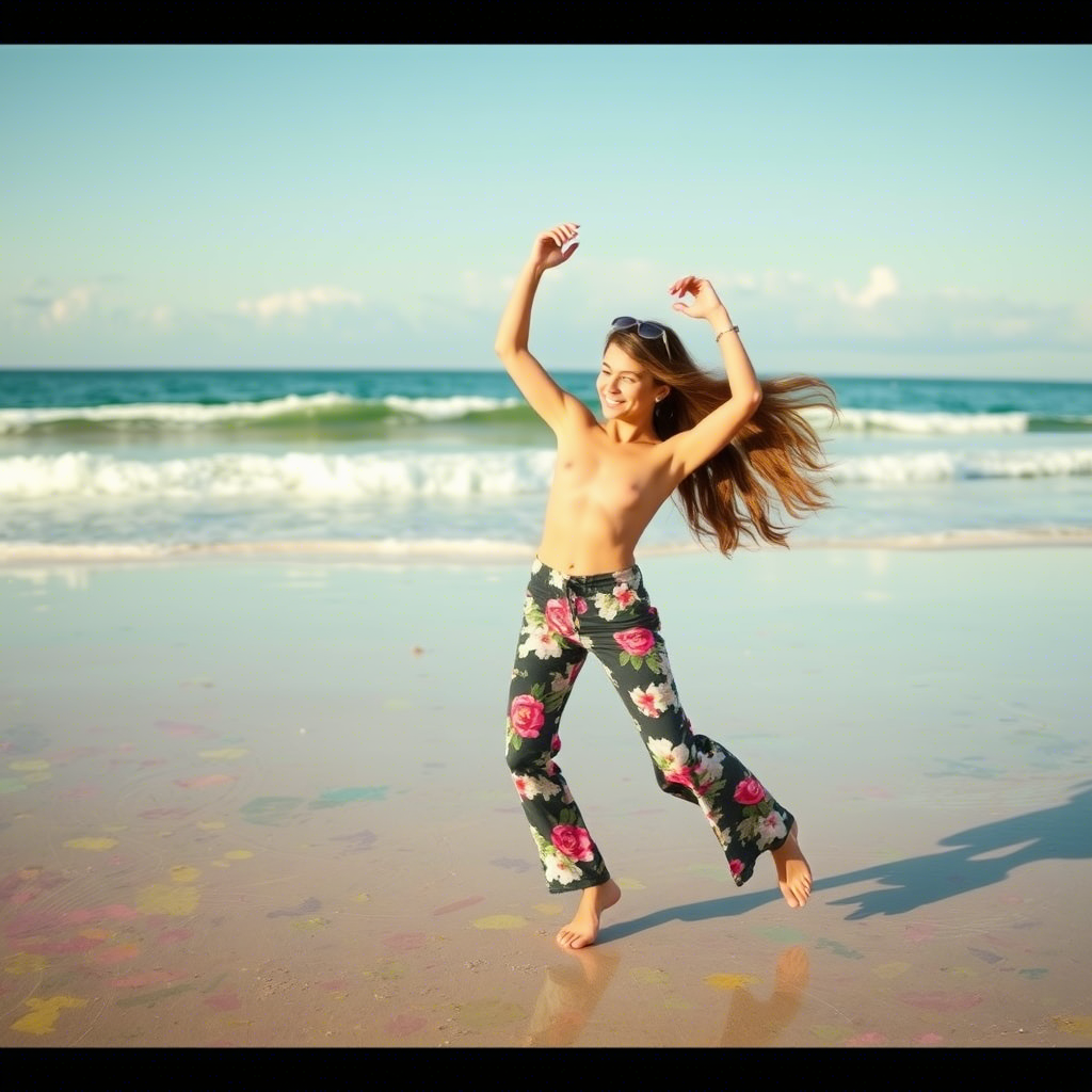 Girl in floral print pants and dancing on a colorful beach