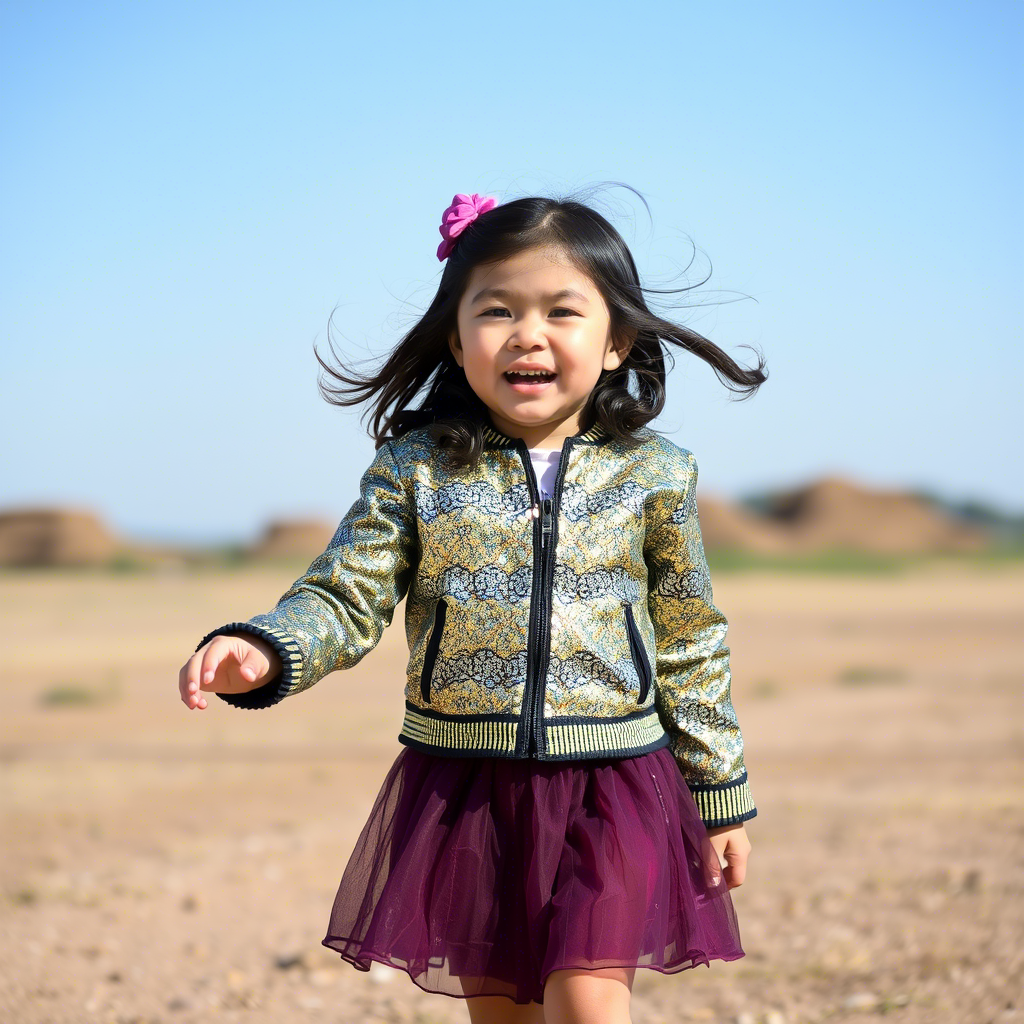 Girl in sparkly jacket and skirt playing outside