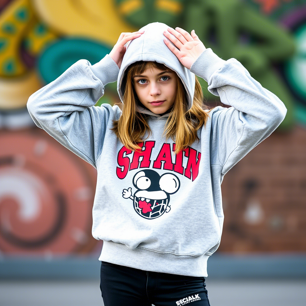 Girl modeling trendy sweatshirt with bold graphic print