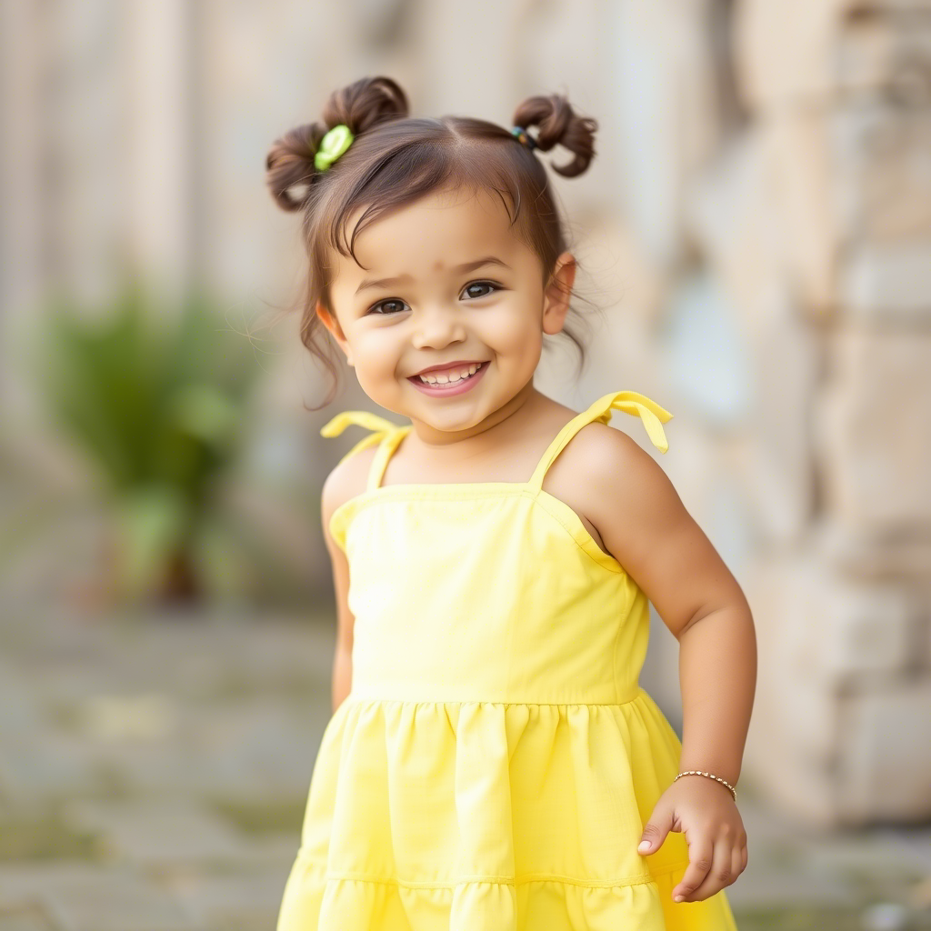 Girl toddler in a bright yellow sundress, smiling happily