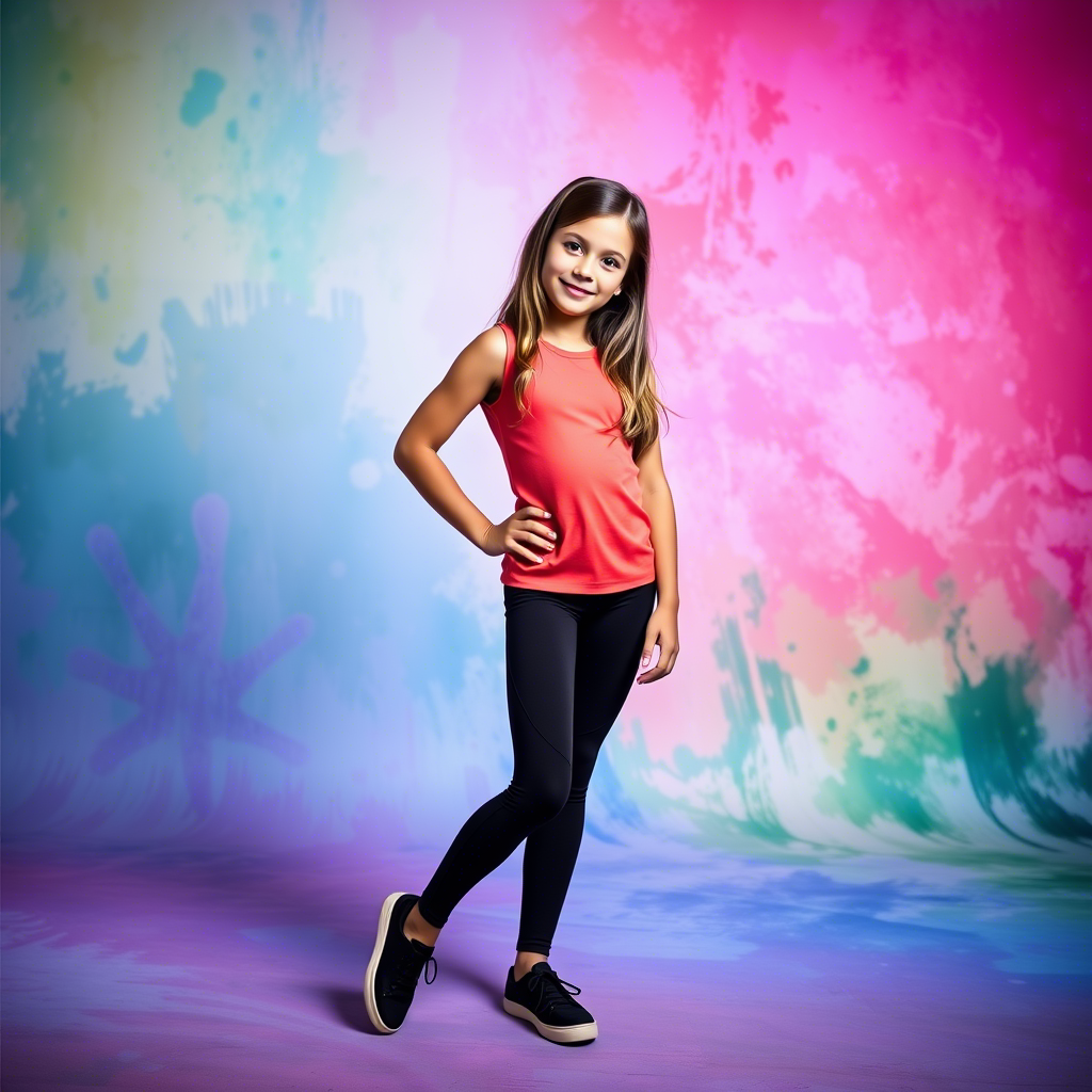 Girl wearing leggings posing in studio with colorful background