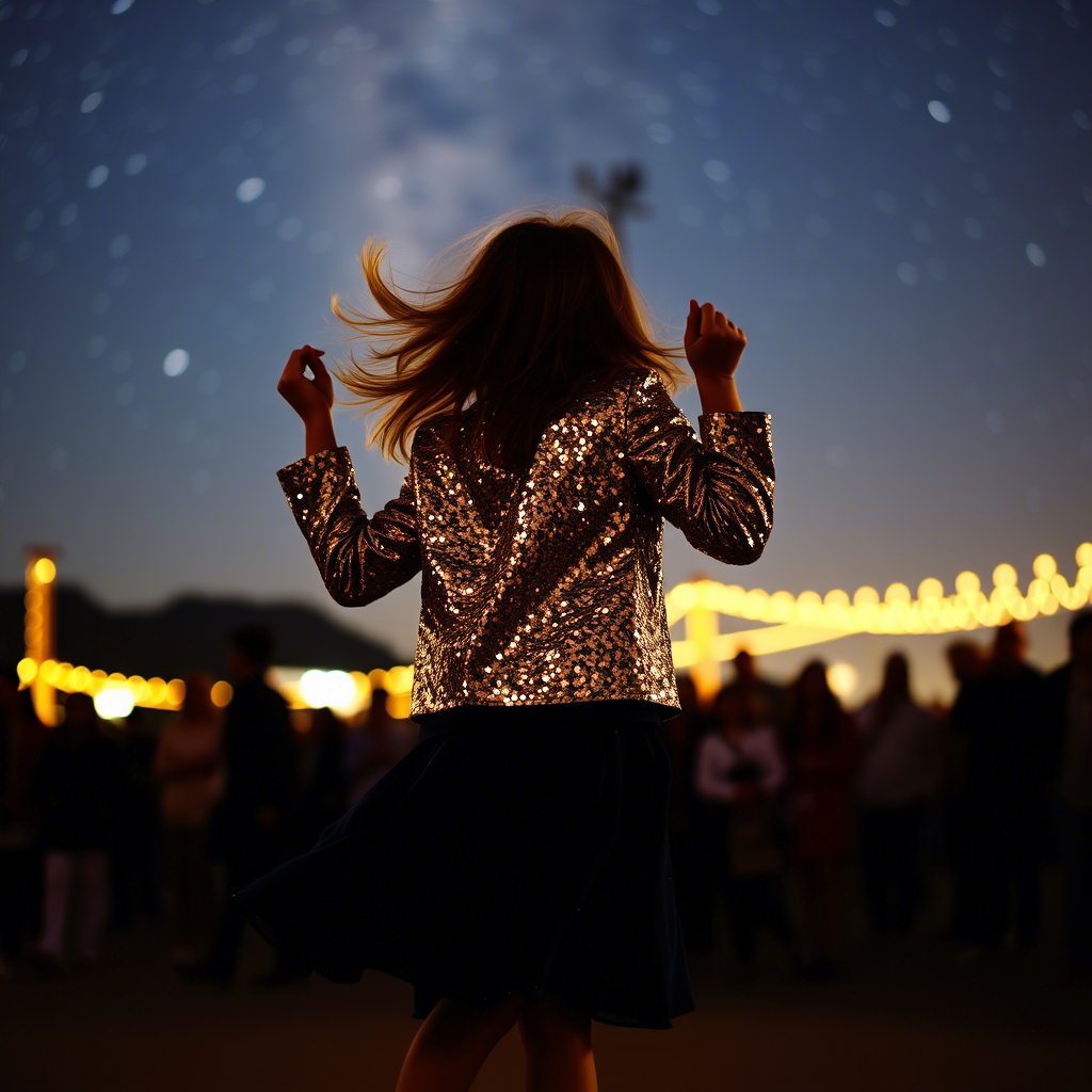 Girl wearing sequined jacket and skirt dancing under starry night