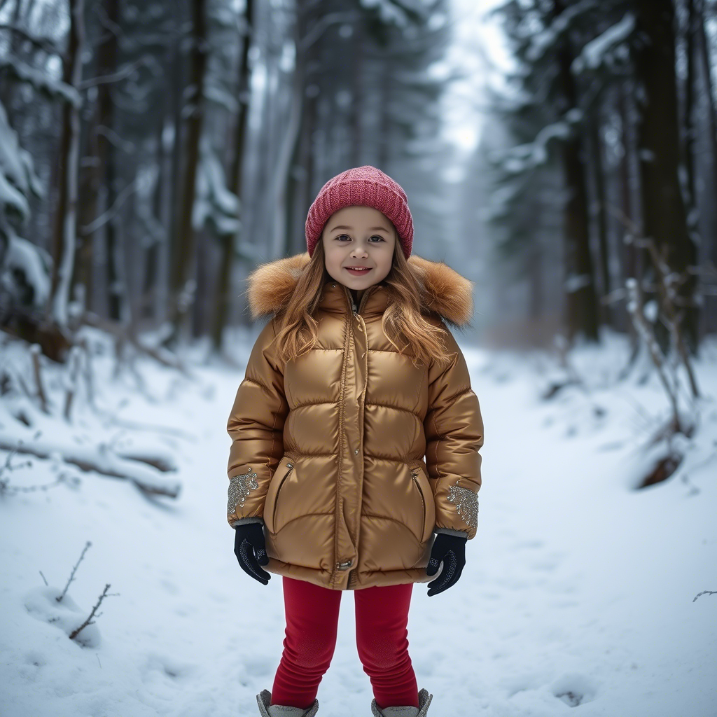 Girl wearing sparkly puffer jacket standing in snowy forest