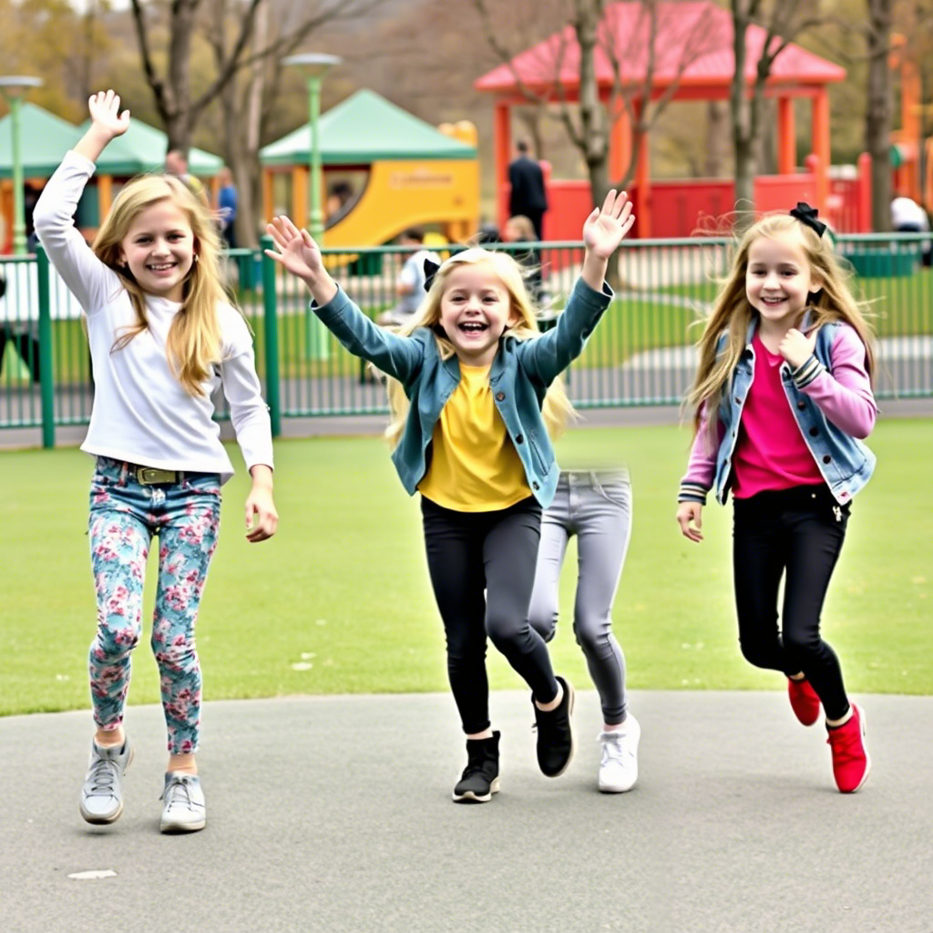 Girls dressed in various styles of leggings and jeans, having fun at a park
