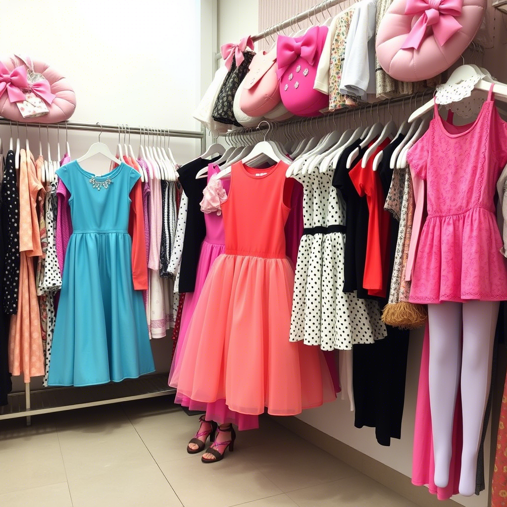 Girls’ fashion wholesale market with various dresses and leggings on display