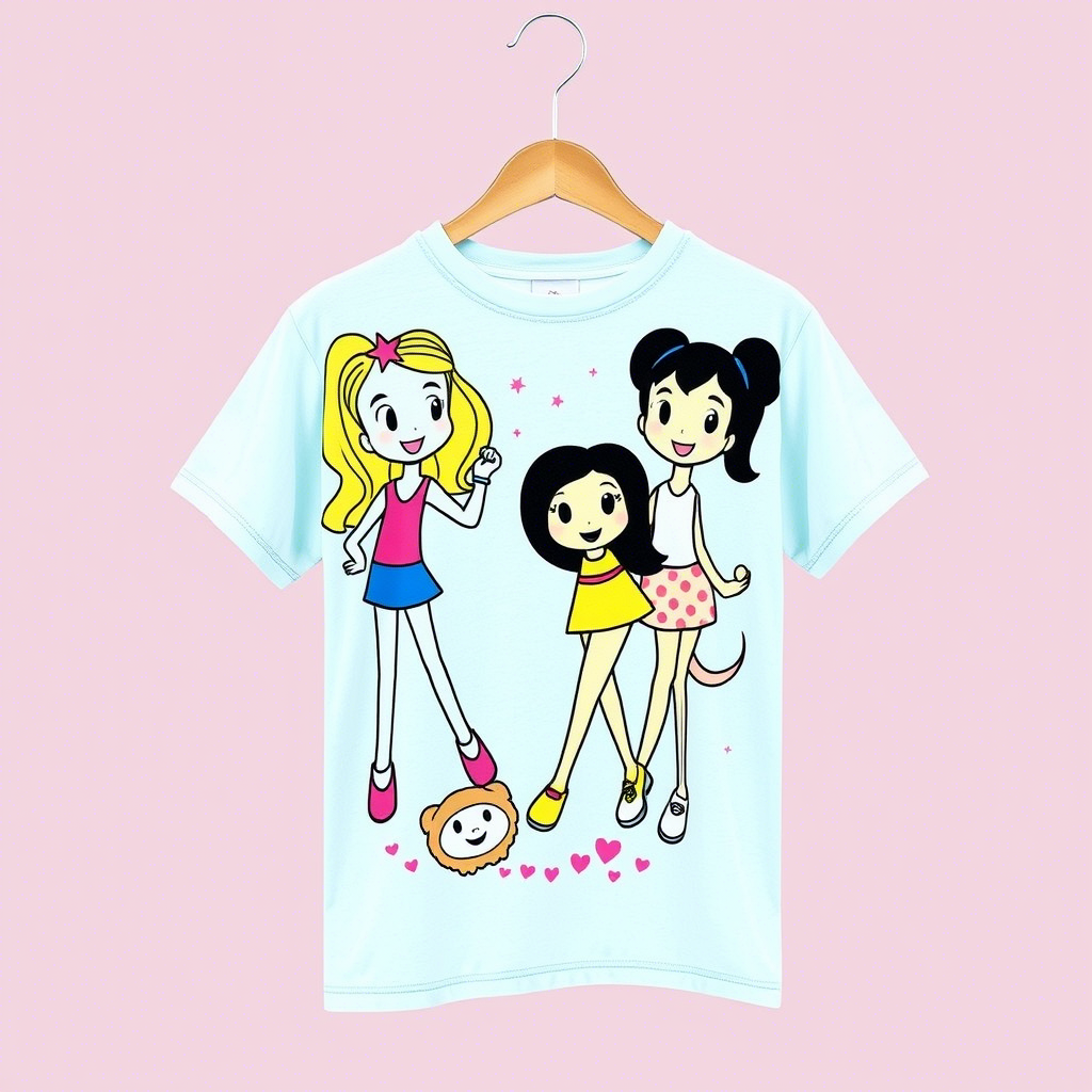 Girls’ graphic tee with cartoon characters and bright colors