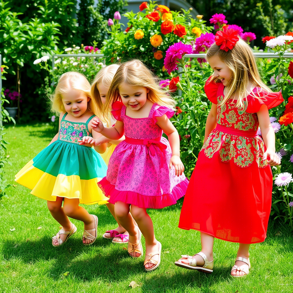 Girls in colorful dresses playing in a garden