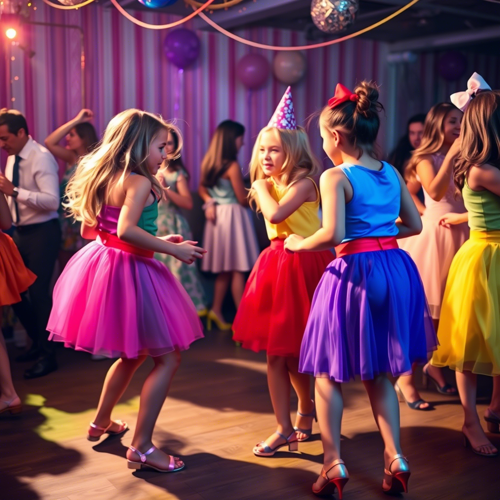 Girls in colorful skirts dancing together at a birthday party