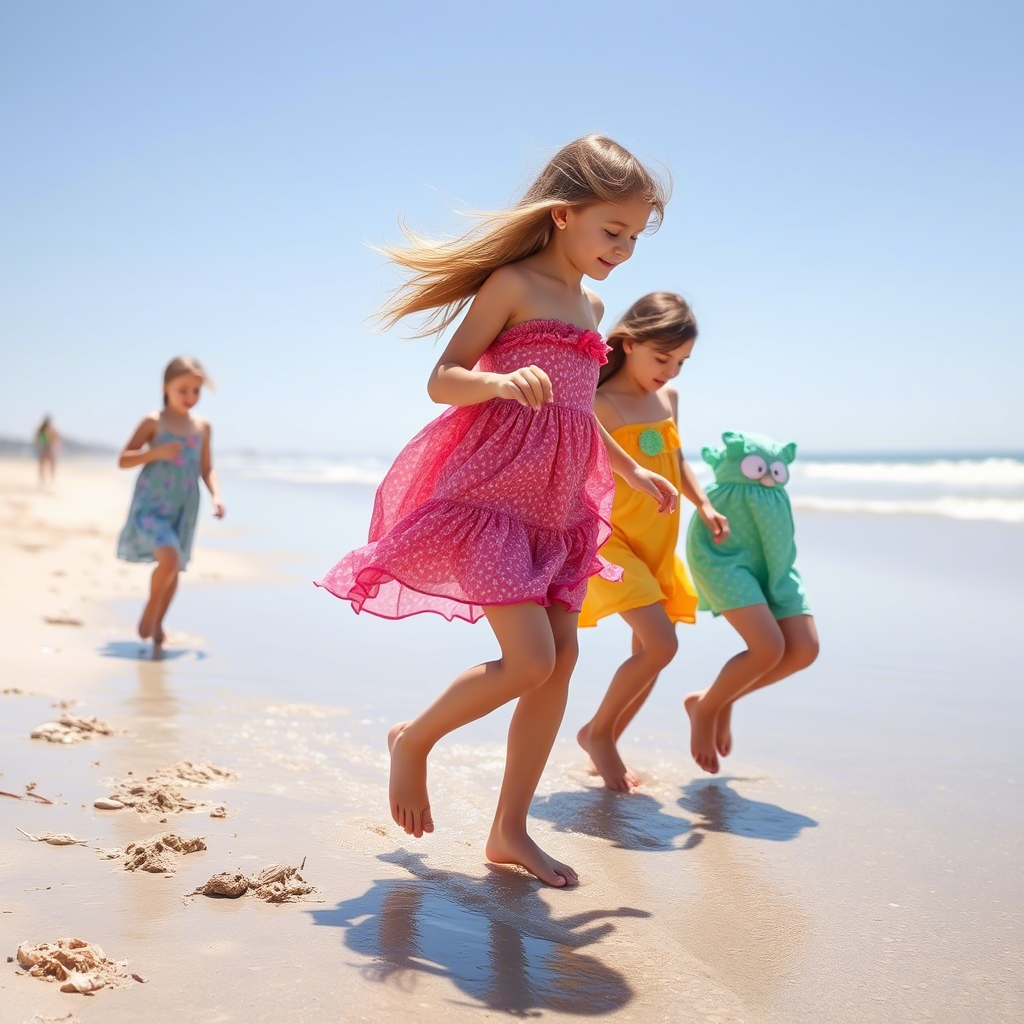 Girls in colorful summer dresses playing on a sunny beach