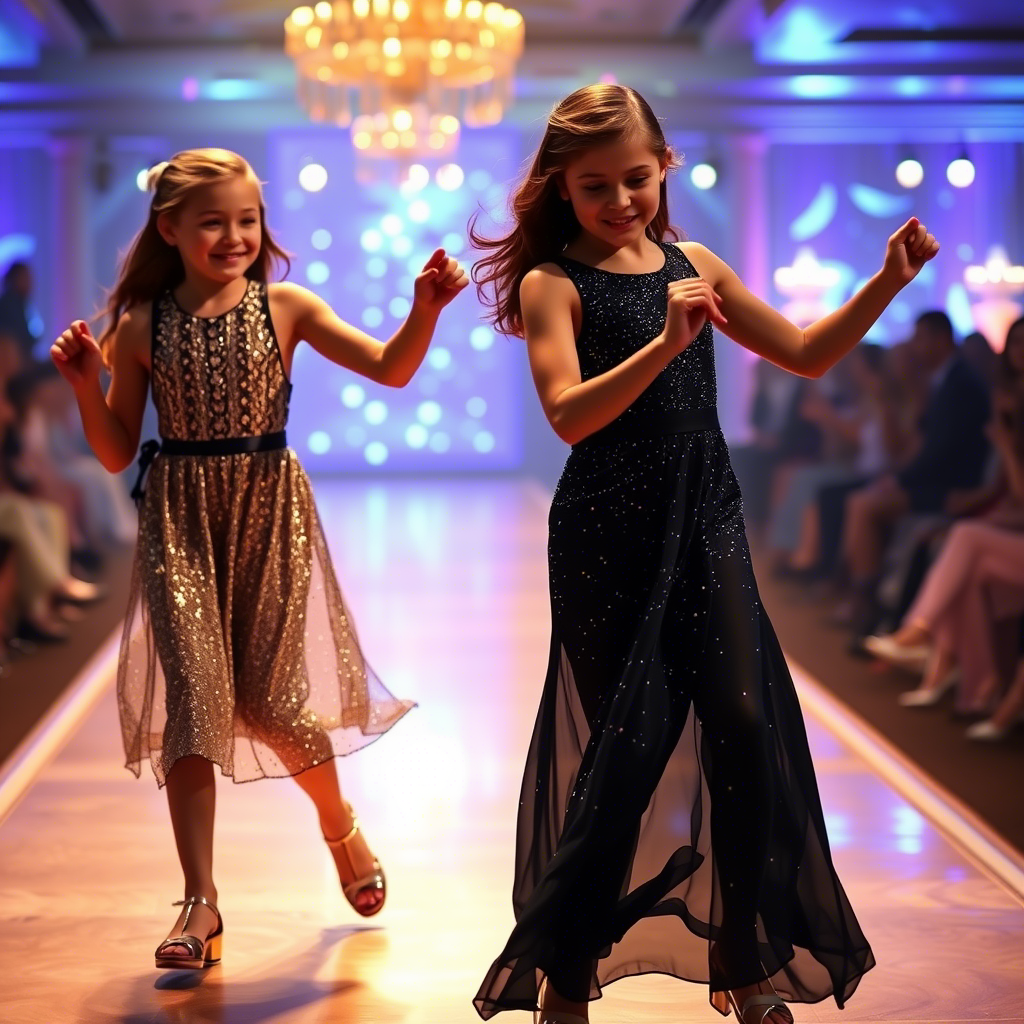 Girls in sparkly evening dresses dancing on a catwalk