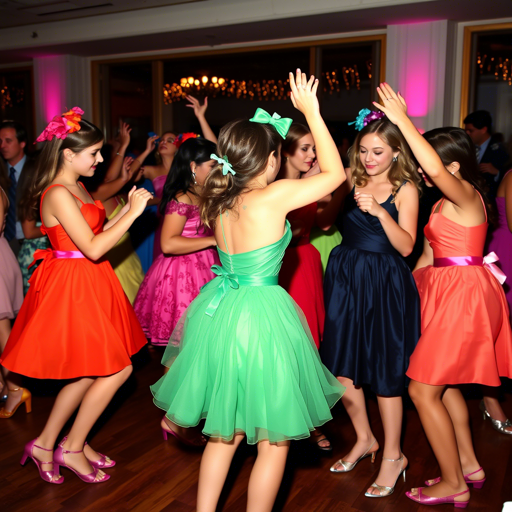 Girls in vibrant party dresses dancing together
