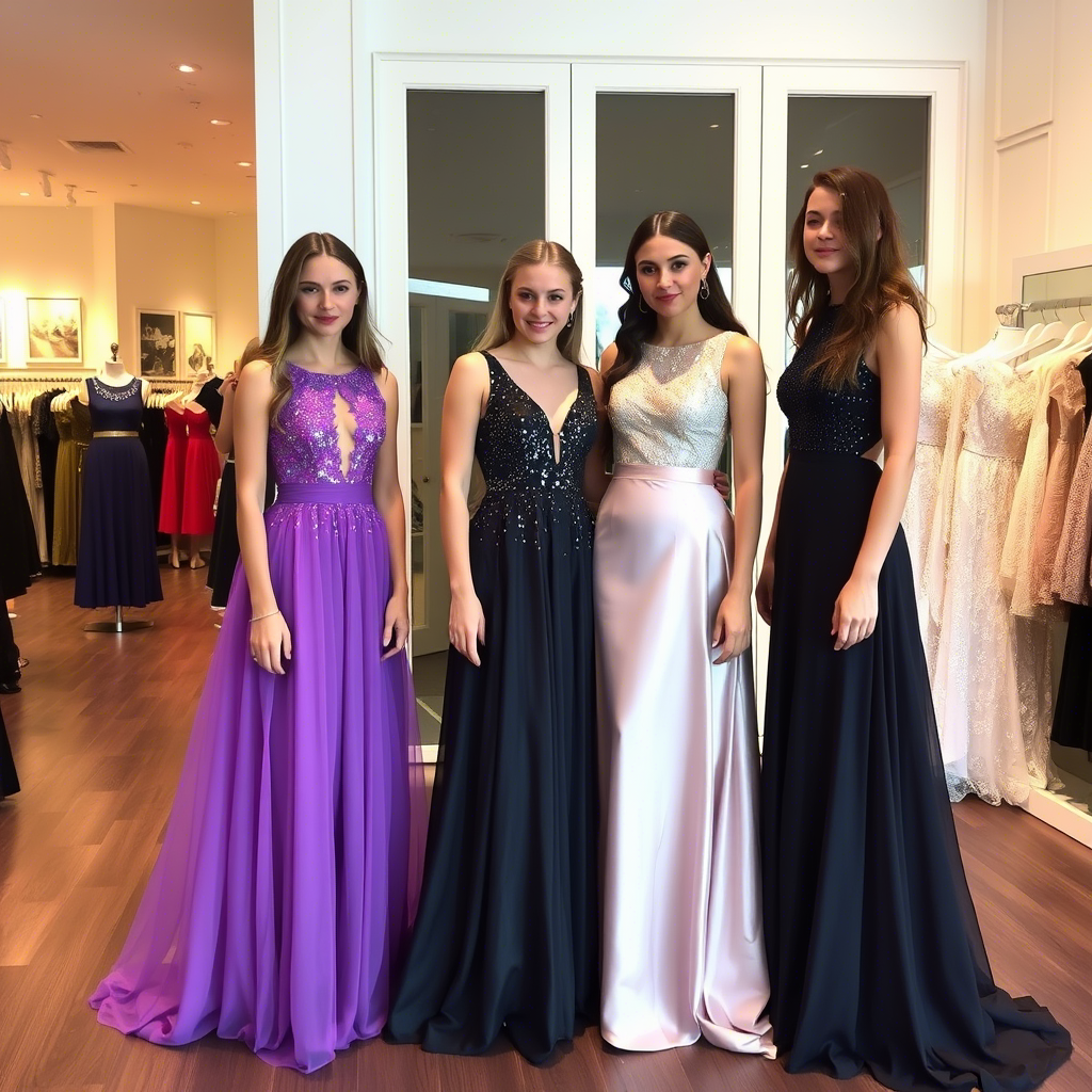 Girls modeling elegant party dresses in a boutique