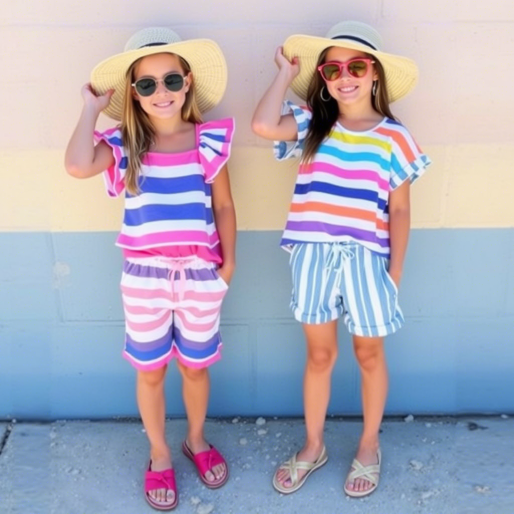 Girls’ summer fashion, colorful striped tops and shorts, beach vacation vibe
