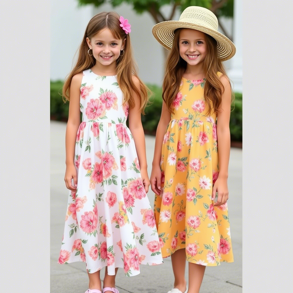 Girls wearing trendy summer dresses with floral patterns
