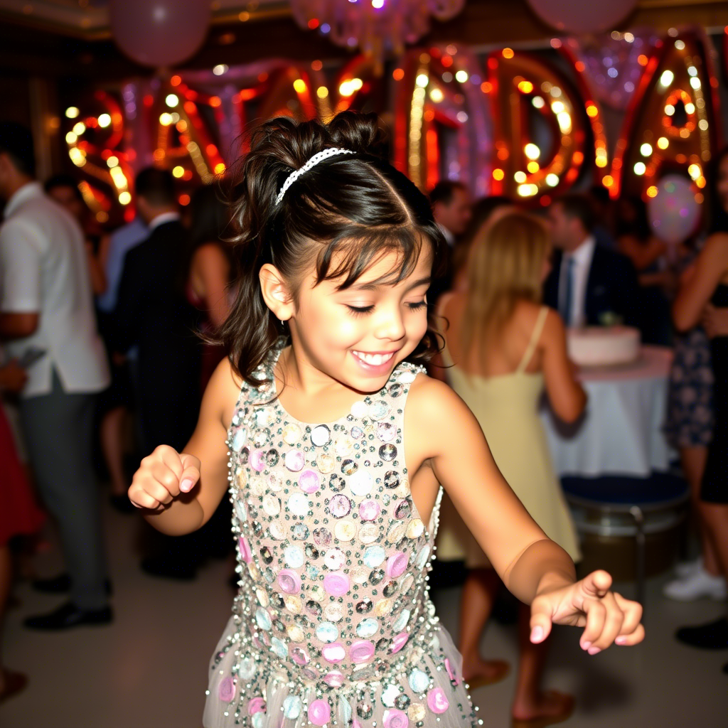Glamorous girl in sequin dress dancing at a birthday party