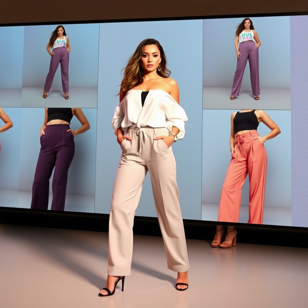 Glamorous girl modeling various pants styles on digital screen