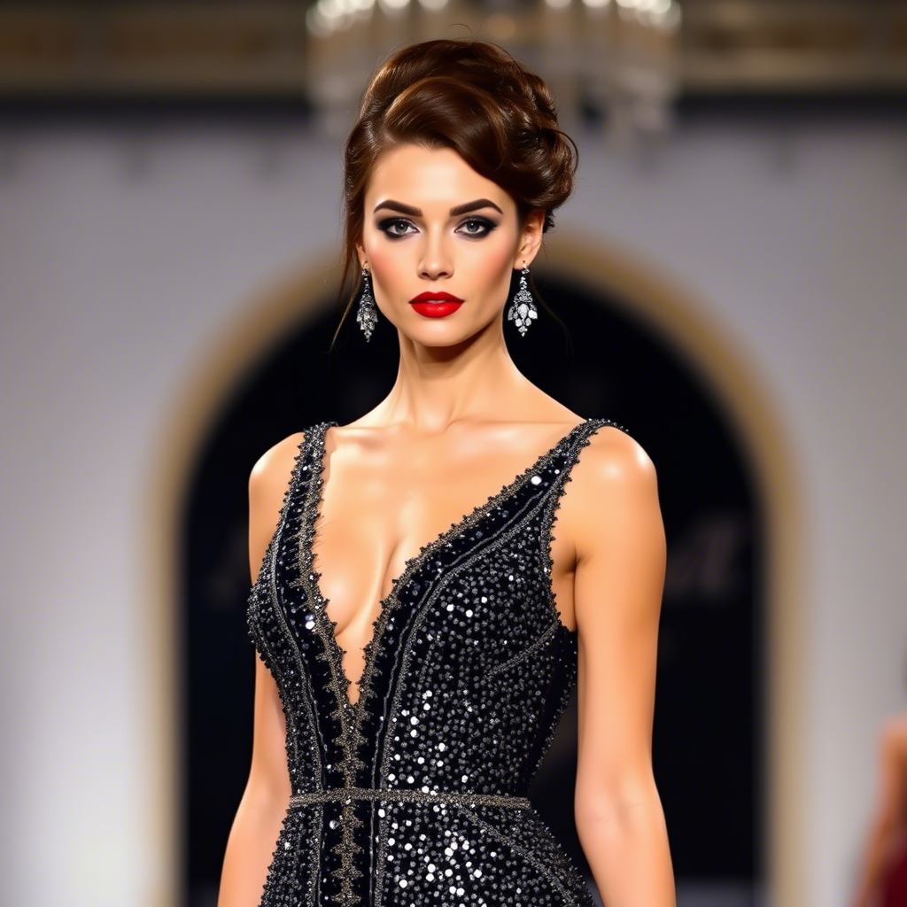 Glamorous model wearing sequined evening gown on catwalk