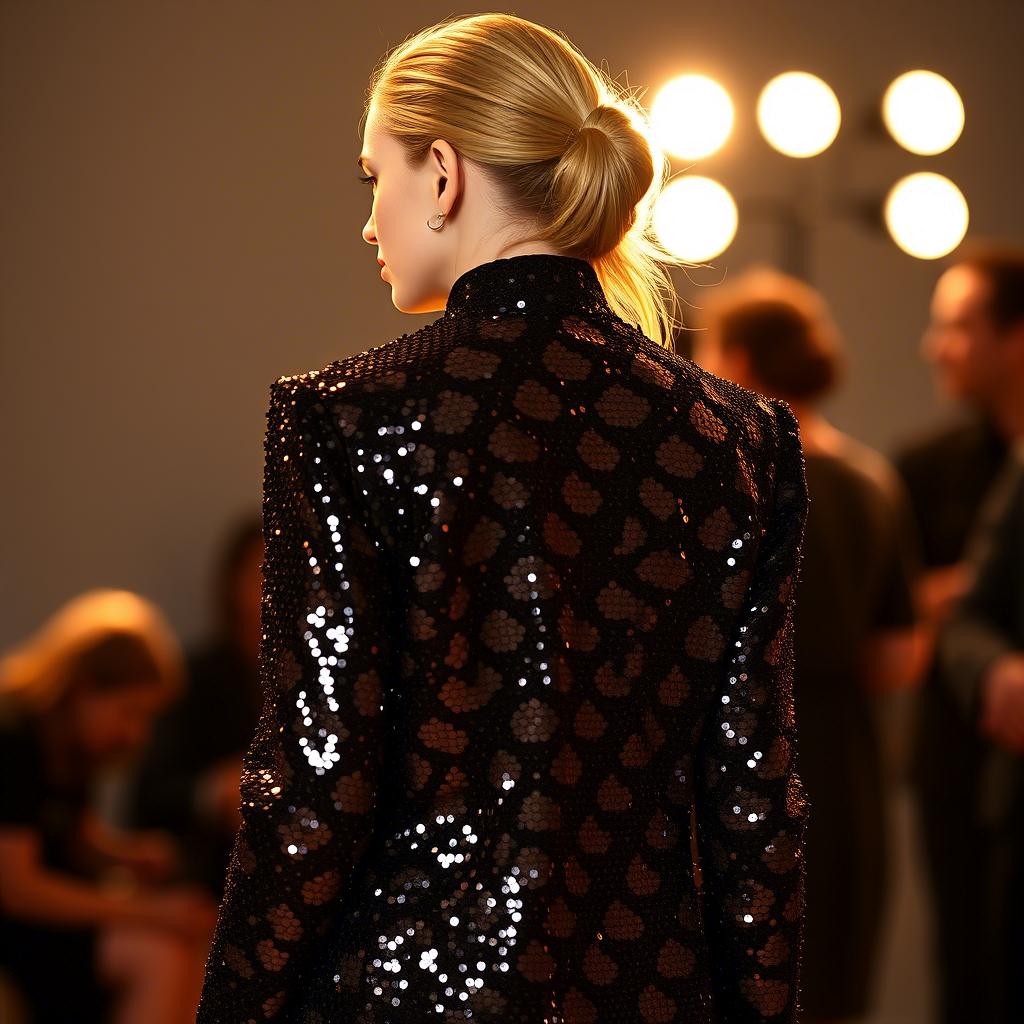 Glamorous sequined jacket on a female model backstage