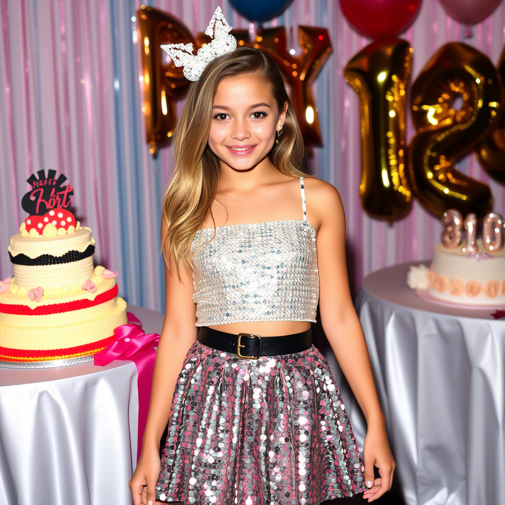 Glamorous teenage girl wearing sequin skirt and top at a birthday party