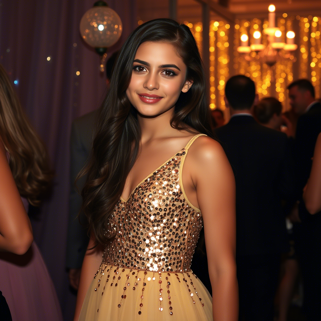 Glamorous teenage girl wearing sequined dress at a party