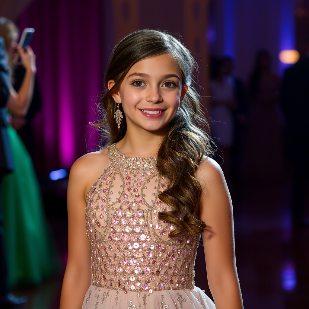 Glamorous teenage girl wearing sequined evening gown at a formal ball