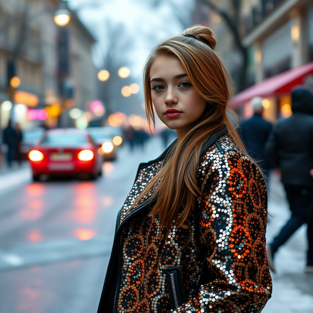 Glamorous teenage girl wearing sequined jacket on winter street