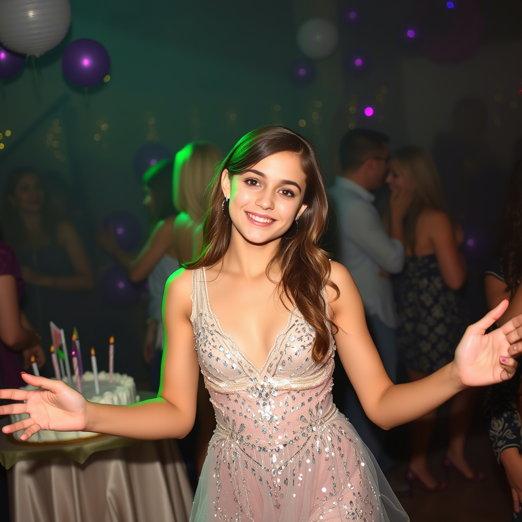 Glamorous teenager in sequin dress dancing at birthday party