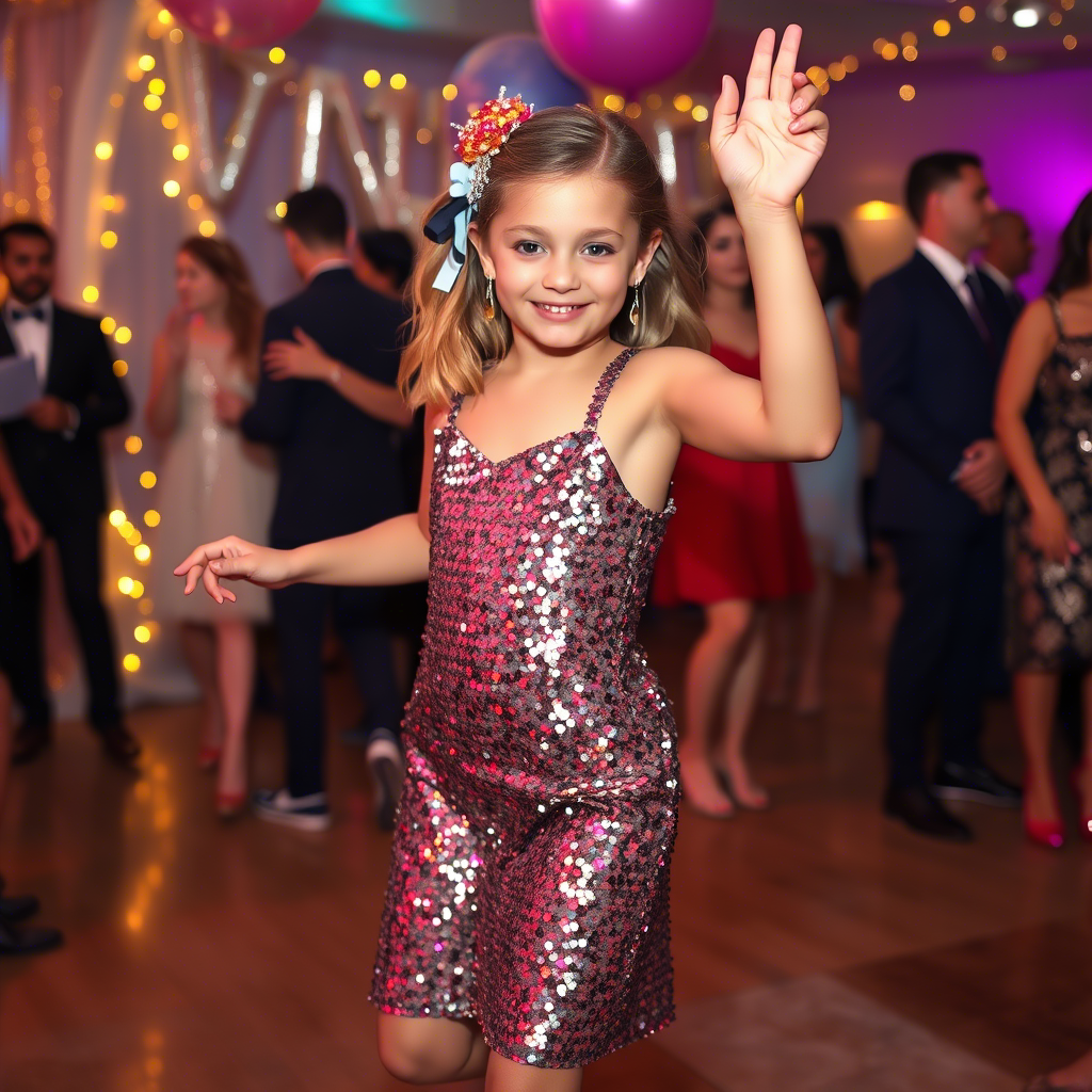 Glamorous young girl in shimmering sequin dress dancing at a birthday party