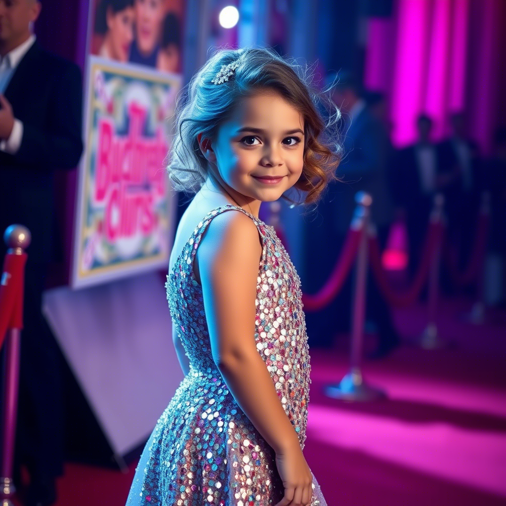Glamorous young girl wearing a shimmering sequin dress on a red carpet