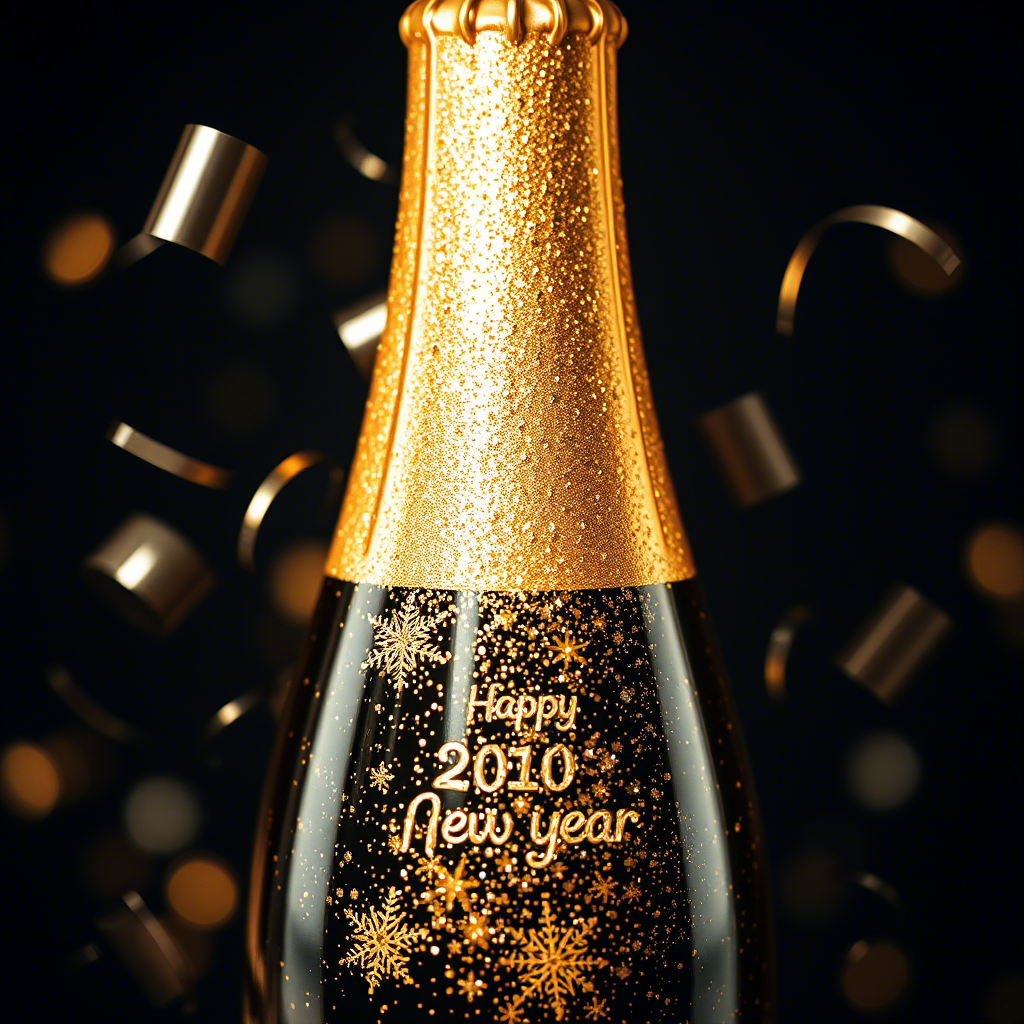 Glittering champagne bottle with “Happy New Year” confetti