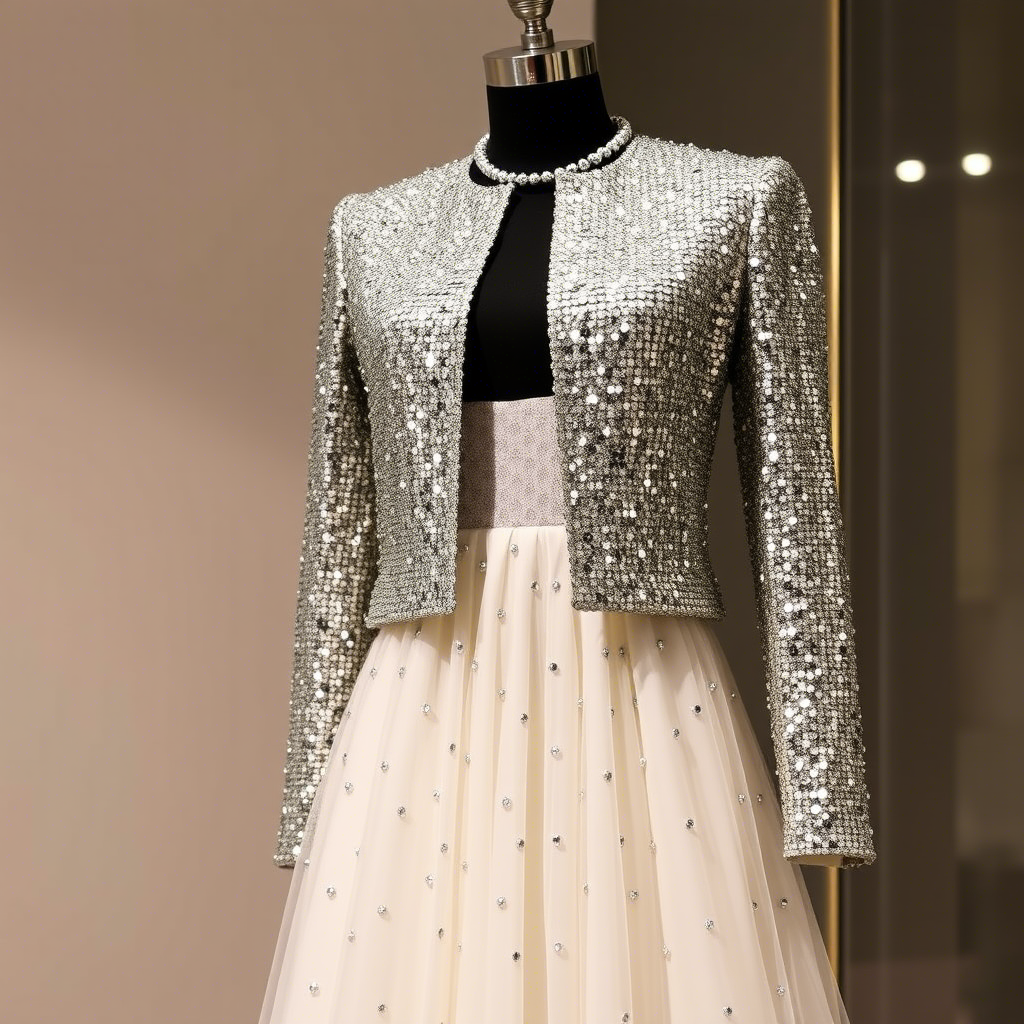 Glittering wholesale fashion ensemble featuring sequined jacket and dress on a mannequin