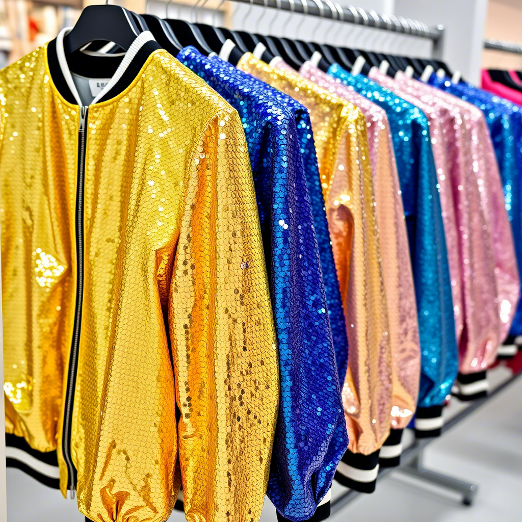 Glittering wholesale sequin bomber jackets displayed on a rack