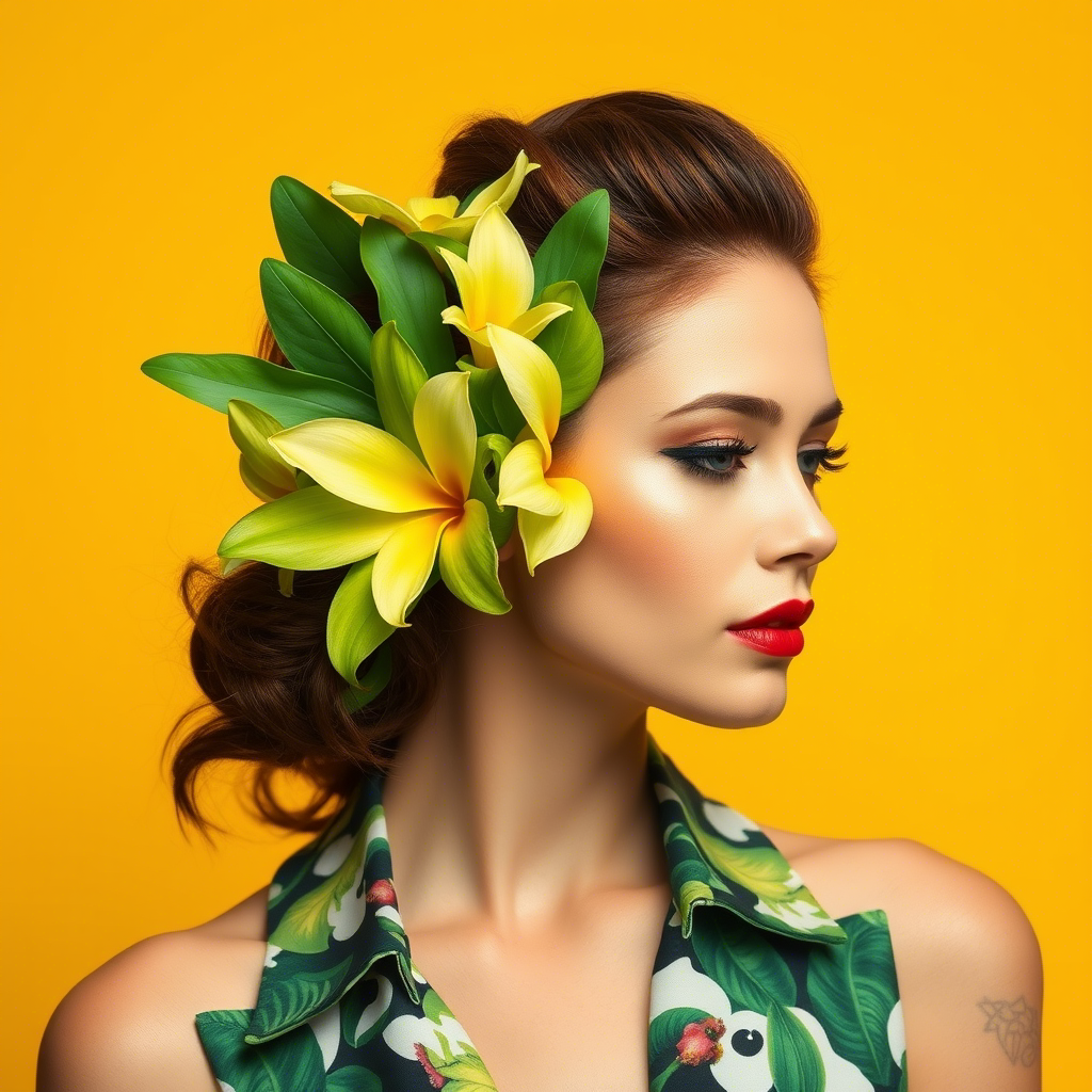 Green tropical flowers in a fashionable woman’s hair