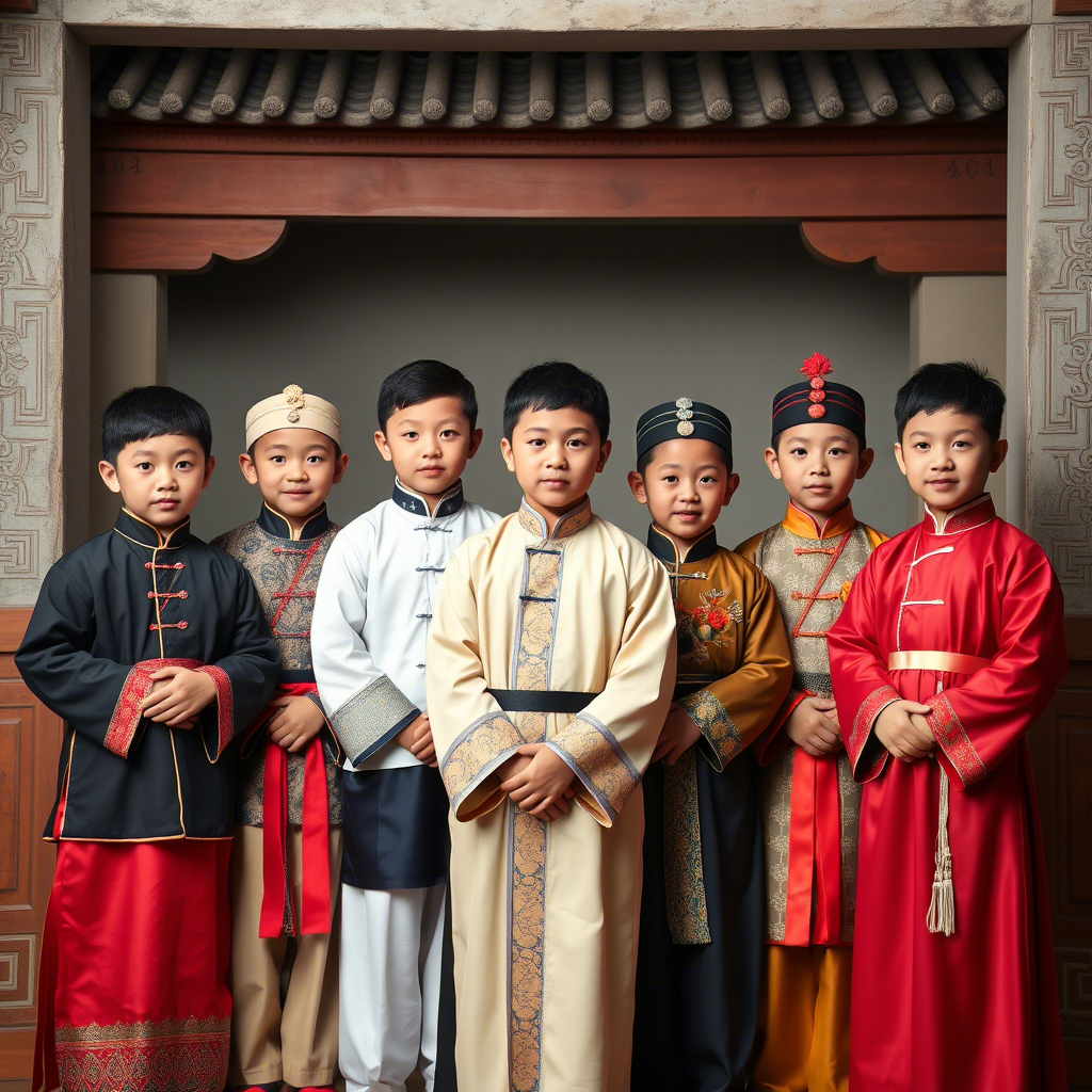 Group of Chinese boys dressed in various traditional attire posing for a photo shoot