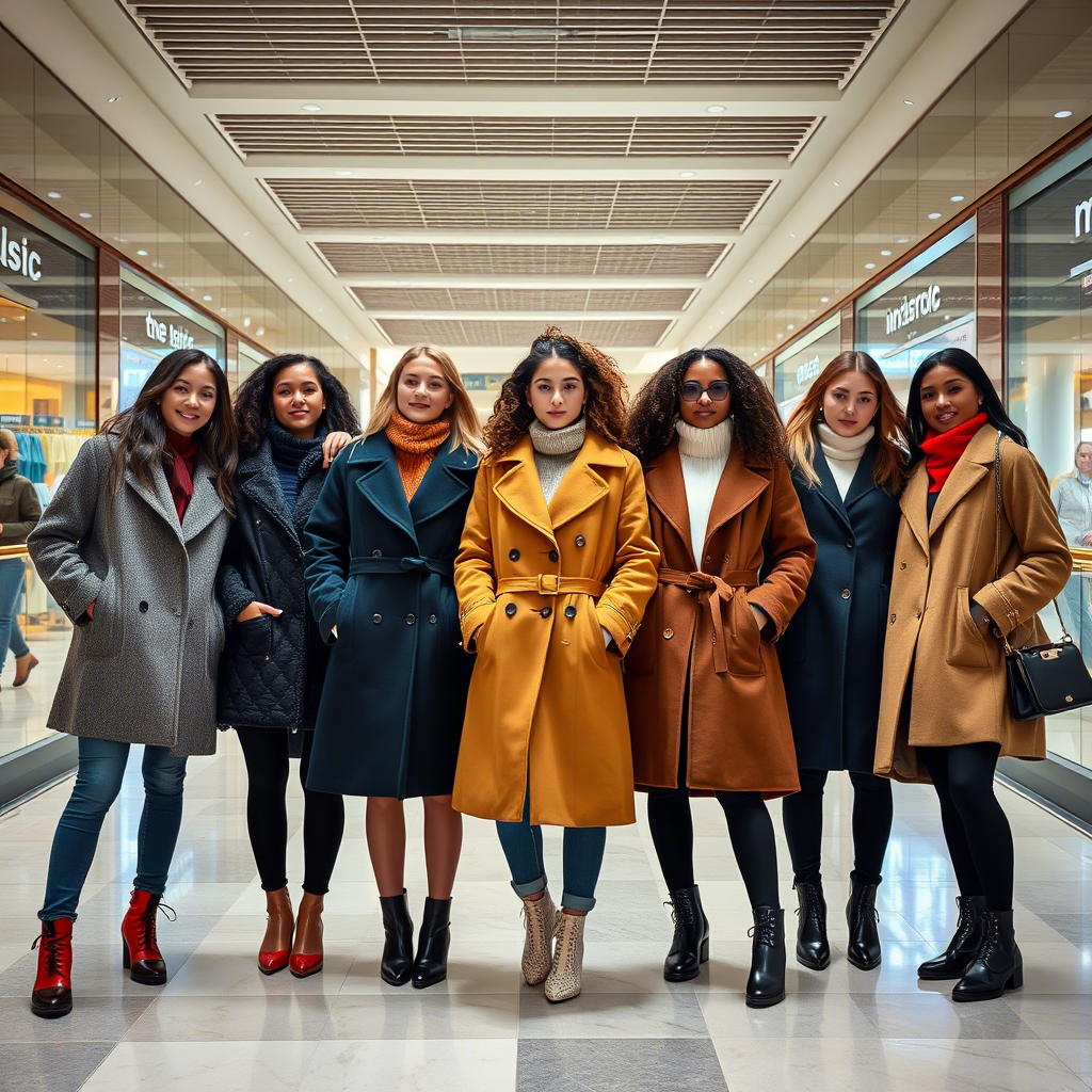 Group of diverse girls showcasing stylish coats in a shopping mall
